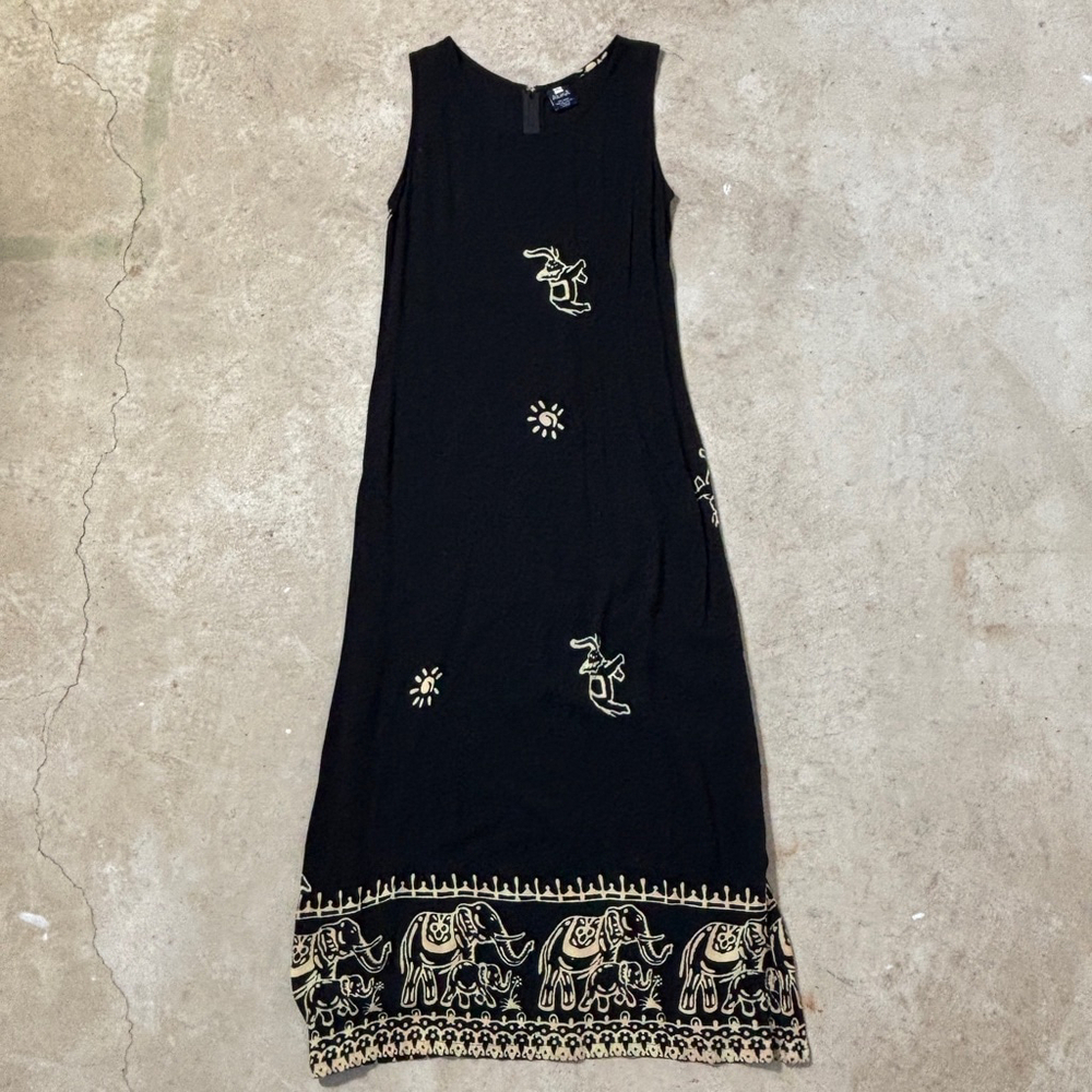 Alma Dress Women’s Medium Black Yellow Sleeveless Maxi Elephant Rayon Back Zip